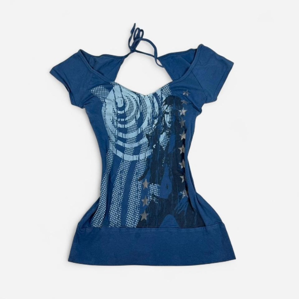 Vintage y2k Forever 21 blue frutiger metro print short sleeve indie grunge top